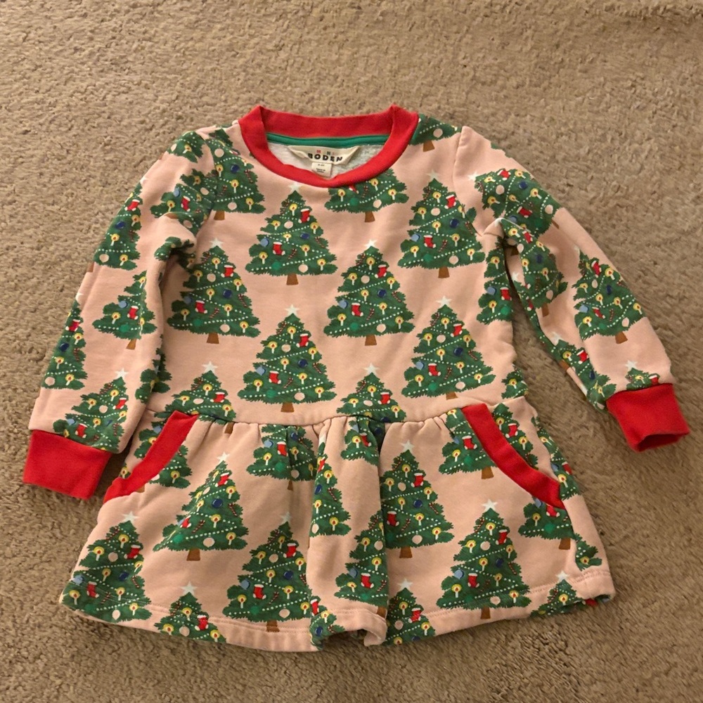 Mini Boden Pink and Green Christmas Tree Dress